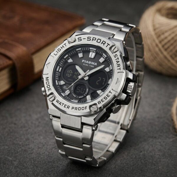 PIAOMA Waterproof SS Mens Office Casual Sports Dual Time Watch