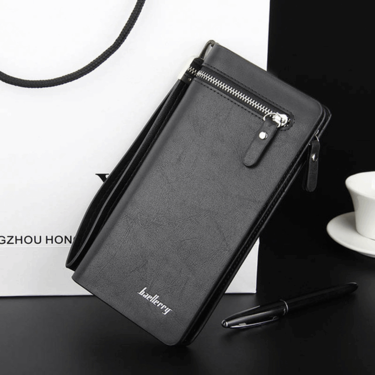 Mens Long Leather Wallet Brown Black - Image 3