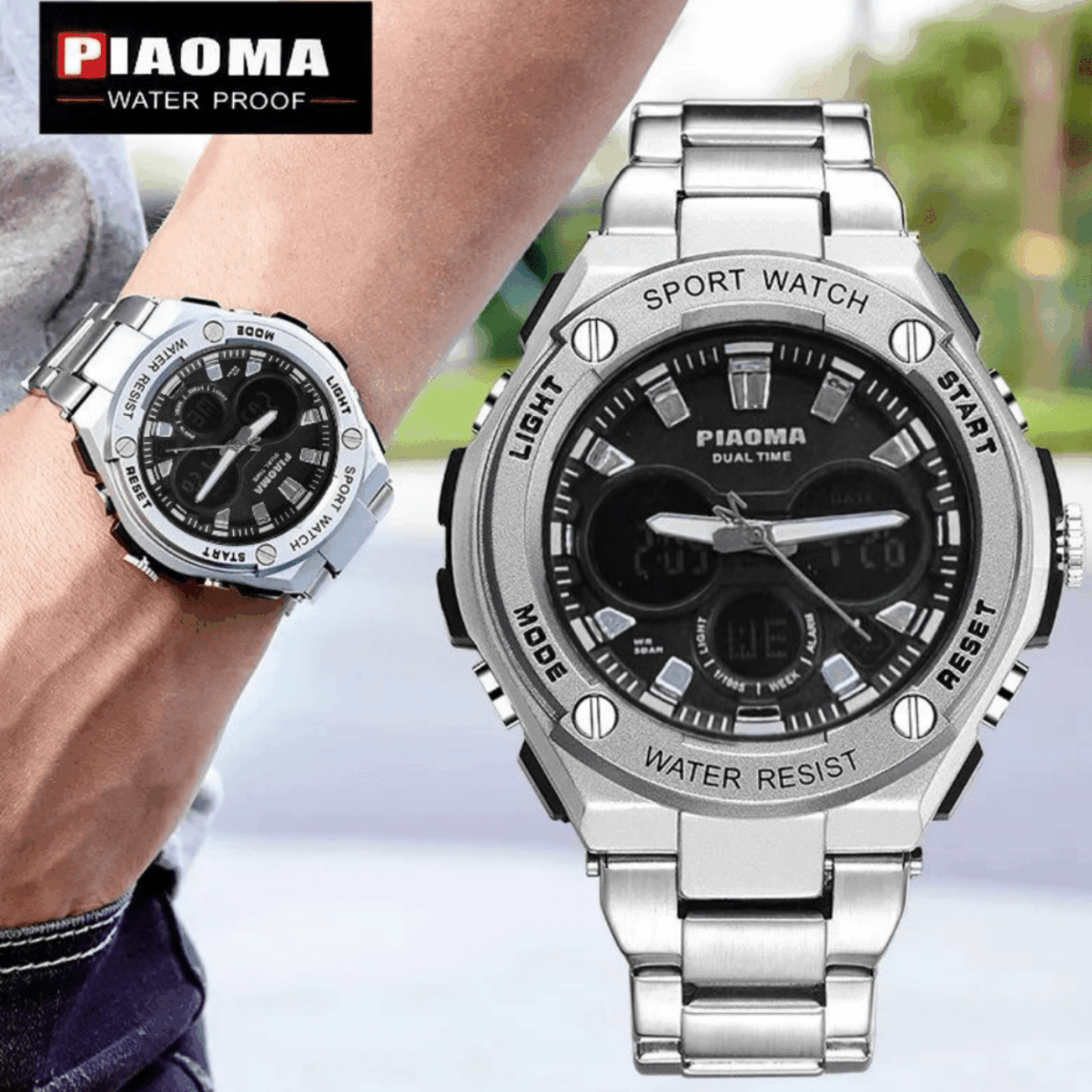 PIAOMA Waterproof SS Mens Office Casual Sports Dual Time Watch - Image 1