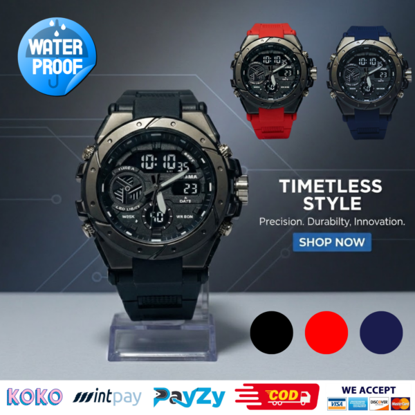 PIAOMA Waterproof Mens Sports Steel Dial Black Watch