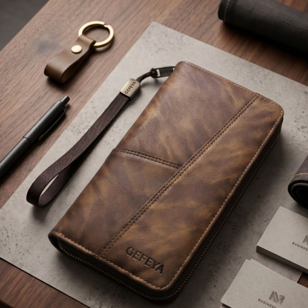 Mens Long Wallet With Zipper Brown Black